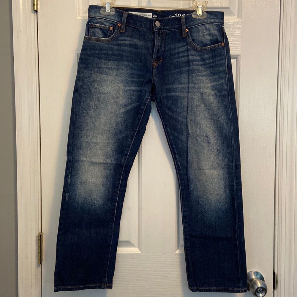 GAP Sexy Boyfriend Japanese Selvedge Distressed Cropped Jeans in Worn Blue ~ 25P